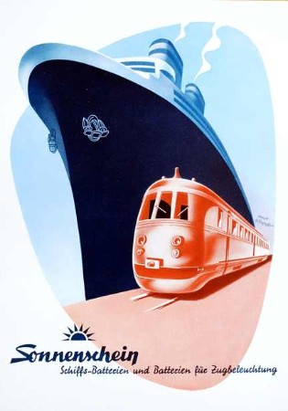 Sonnenschein - "Schiffs-Batterien und Batterien für Zugbeleuchtung", Titelseite eines Prospekts, Kurt Hilscher, um 1951